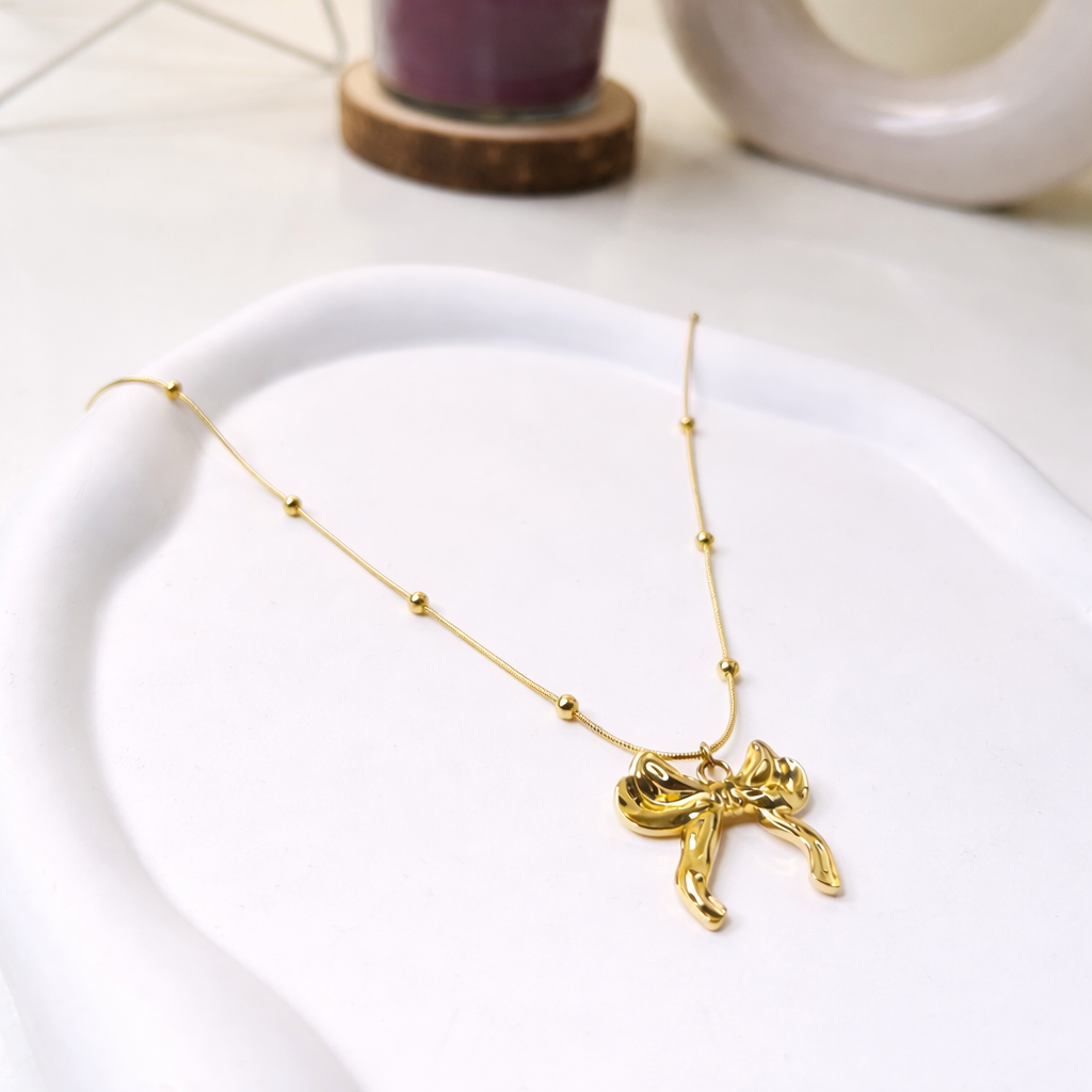 Golden Ribbon Bow Pendant Necklace