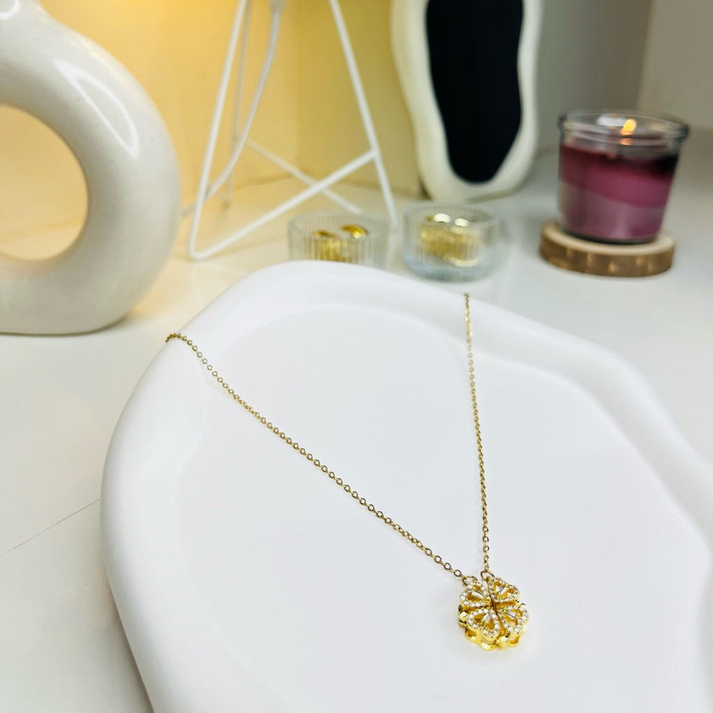 Golden Open Clover Sparkle Pendant Necklace