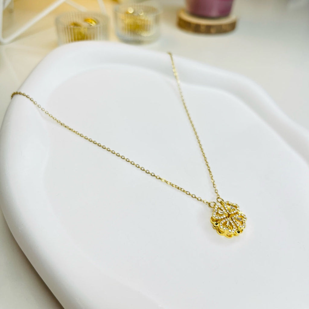 Golden Open Clover Sparkle Pendant Necklace