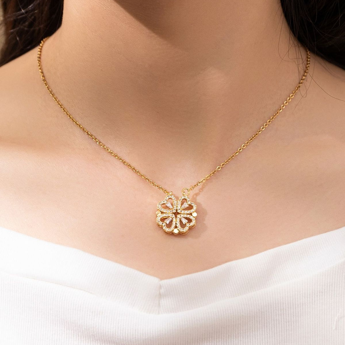 Golden Open Clover Sparkle Pendant Necklace