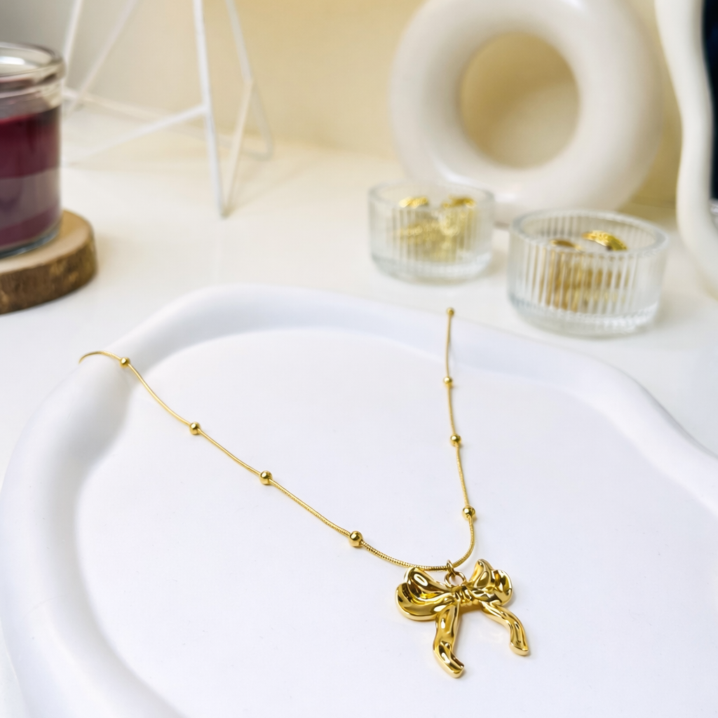 Golden Ribbon Bow Pendant Necklace