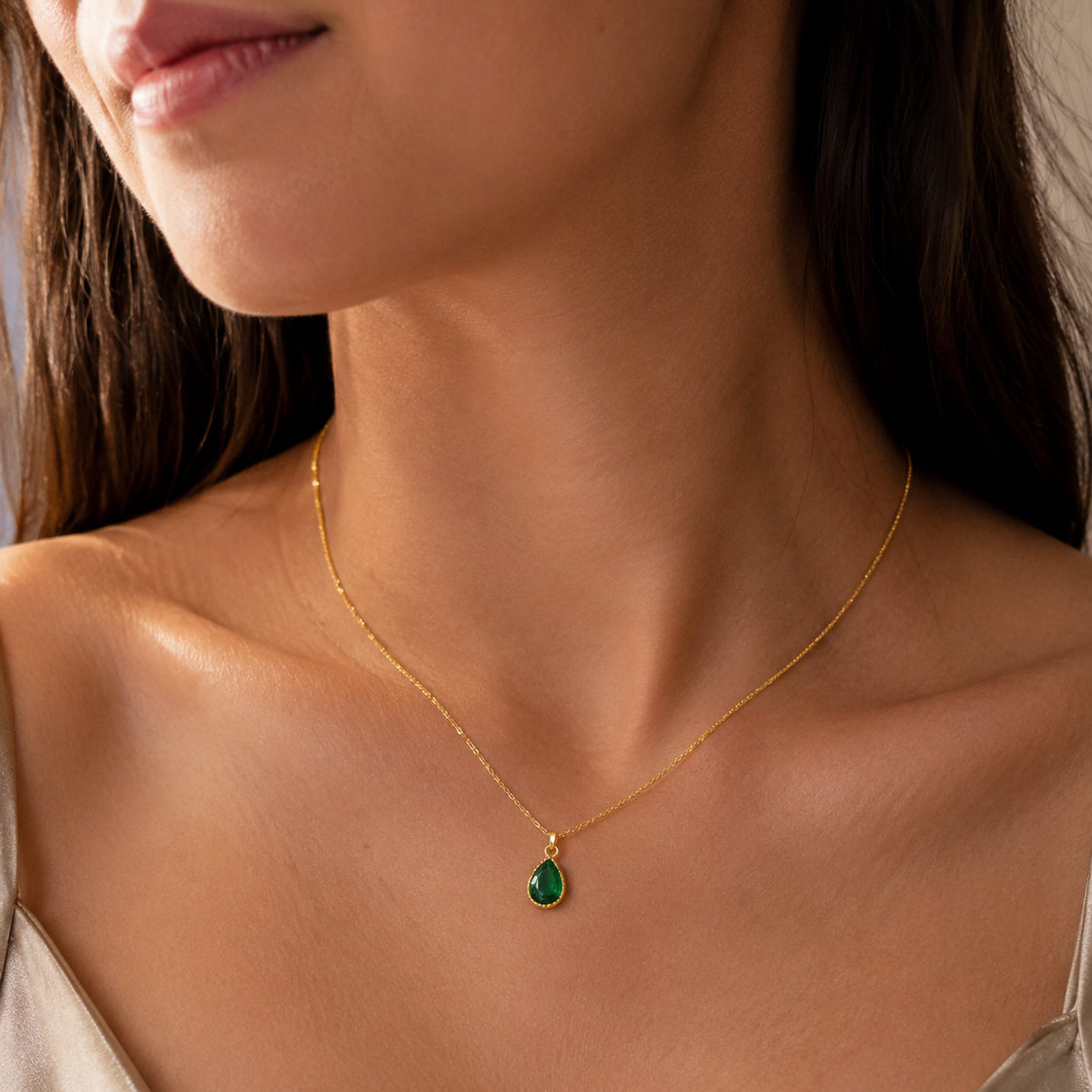 Emerald Teardrop Gold Pendant Necklace