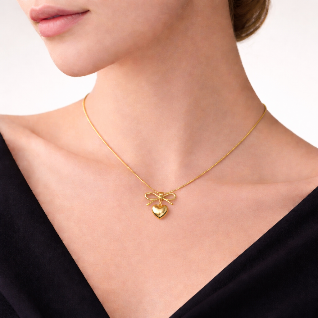 Gold Bow Heart Pendant Necklace