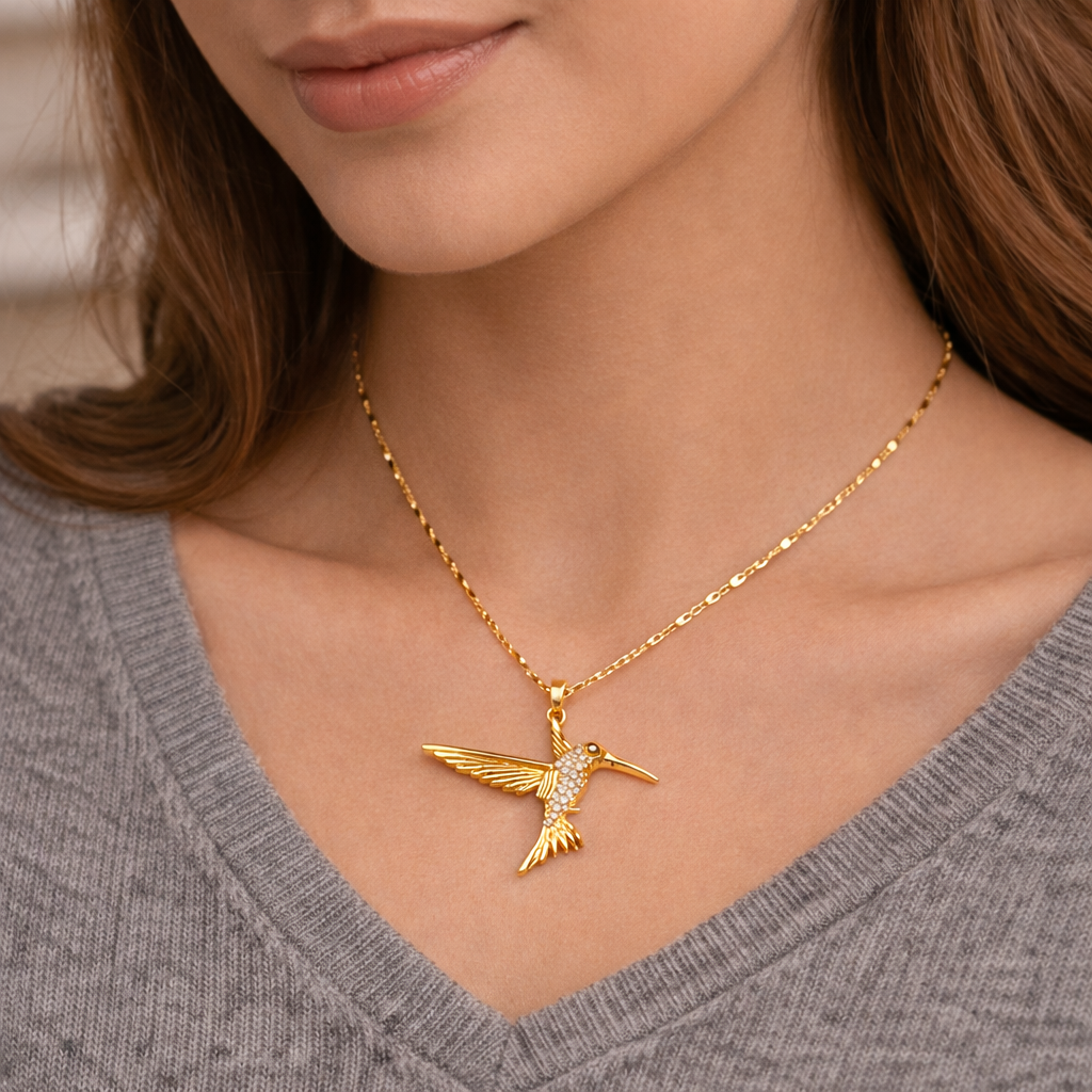 Golden Hummingbird Pendant Necklace