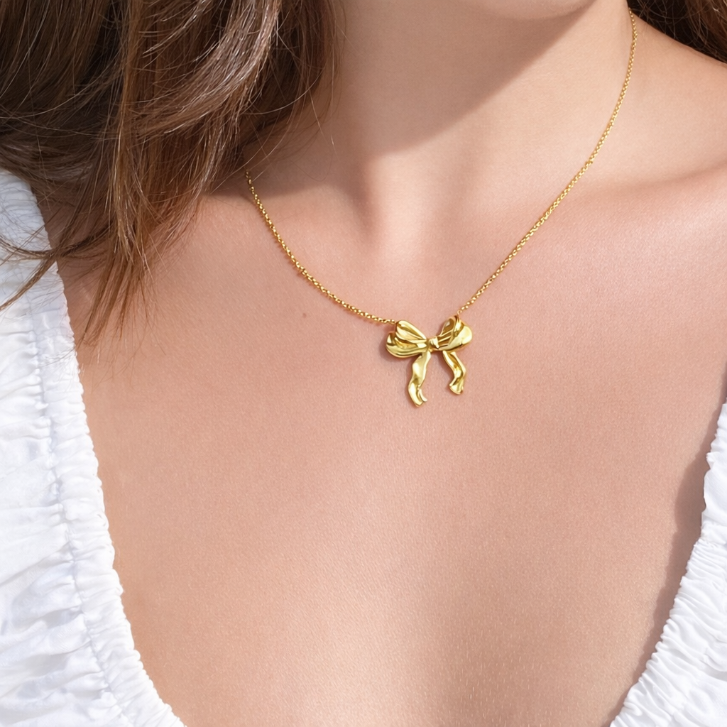 Golden Ribbon Bow Pendant Necklace