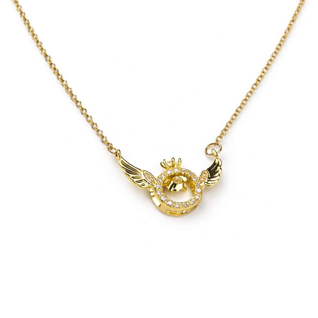 Golden Angel Wing Circle Pendant Necklace